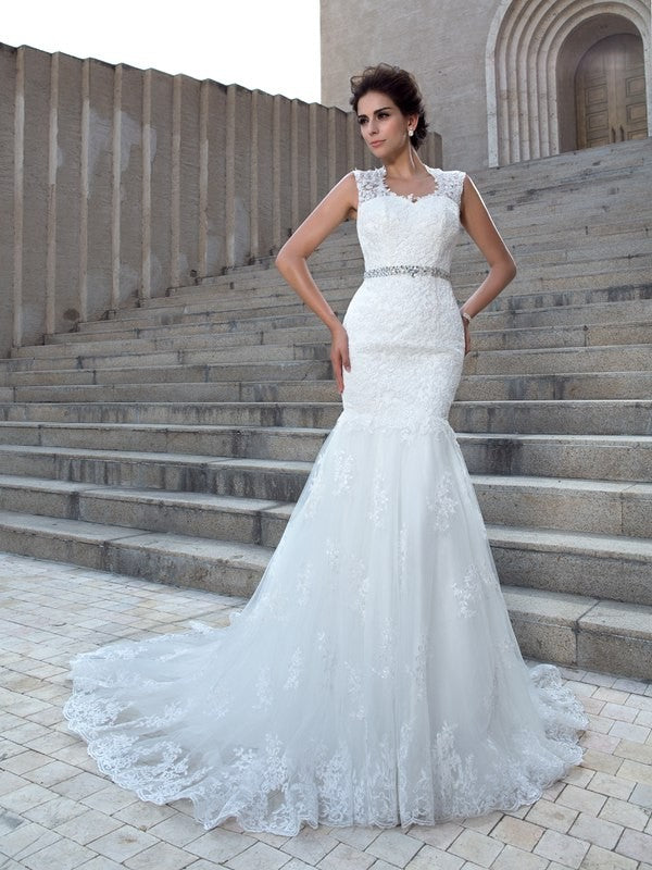 Trumpet/Mermaid V-neck Applique Sleeveless Long Lace Wedding Dresses CICIP0006368