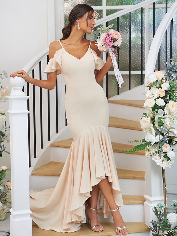 Trumpet/Mermaid Jersey Ruffles V-neck Sleeveless Asymmetrical Bridesmaid Dresses CICIP0004937