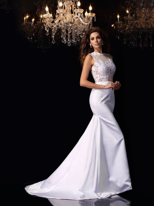 Trumpet/Mermaid High Neck Applique Sleeveless Long Satin Wedding Dresses CICIP0006286