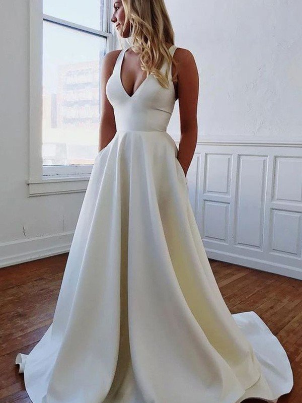 A-Line/Princess V-neck Stretch Crepe Ruffles Sleeveless Sweep/Brush Train Wedding Dresses CICIP0005926