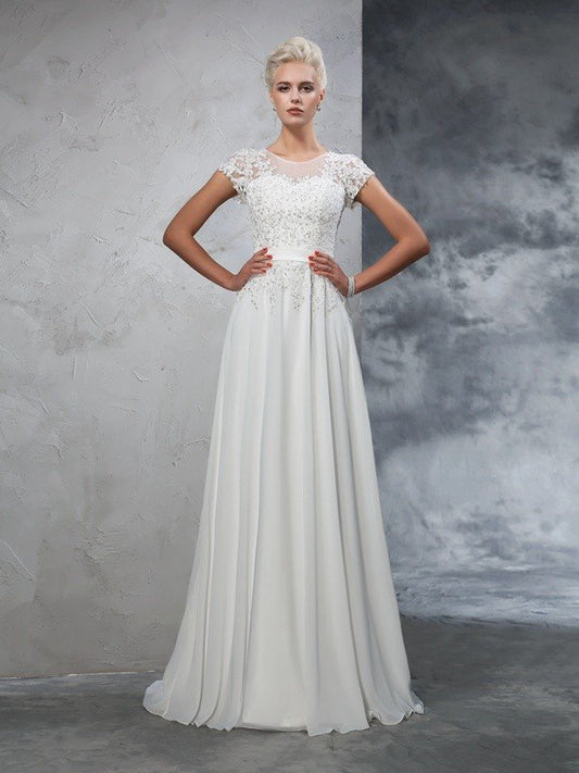 A-Line/Princess Sheer Neck Applique Short Sleeves Long Chiffon Wedding Dresses CICIP0006193