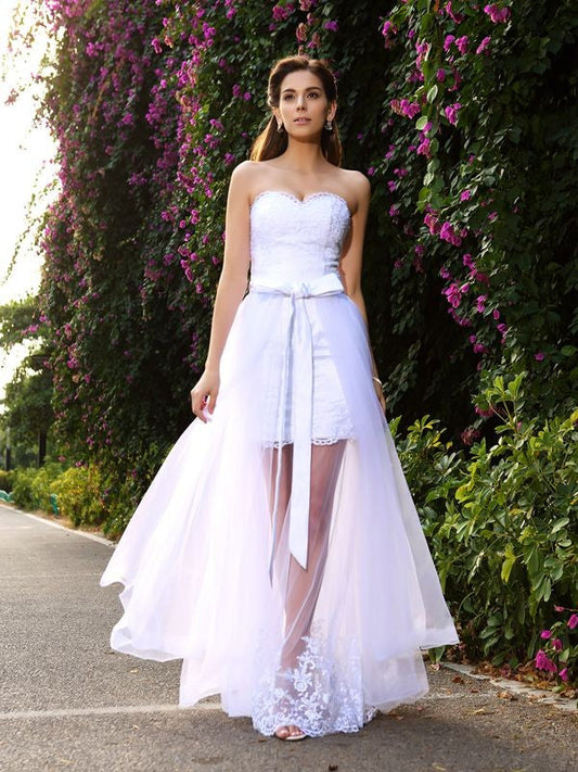 Trumpet/Mermaid Sweetheart Applique Sleeveless Long Tulle Wedding Dresses CICIP0006571