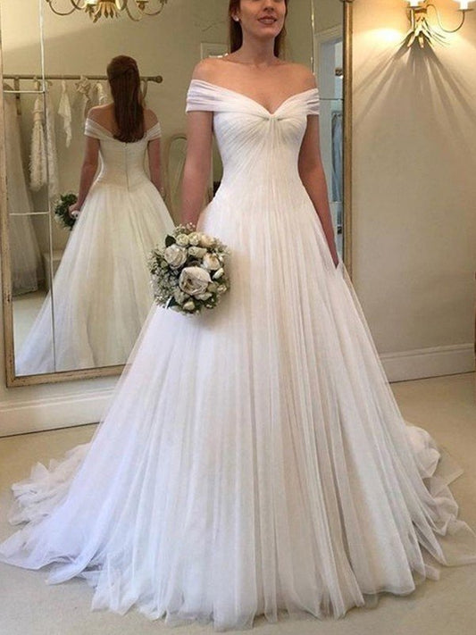 A-Line/Princess Off-the-Shoulder Sleeveless Sweep/Brush Train Ruched Tulle Wedding Dresses CICIP0006349