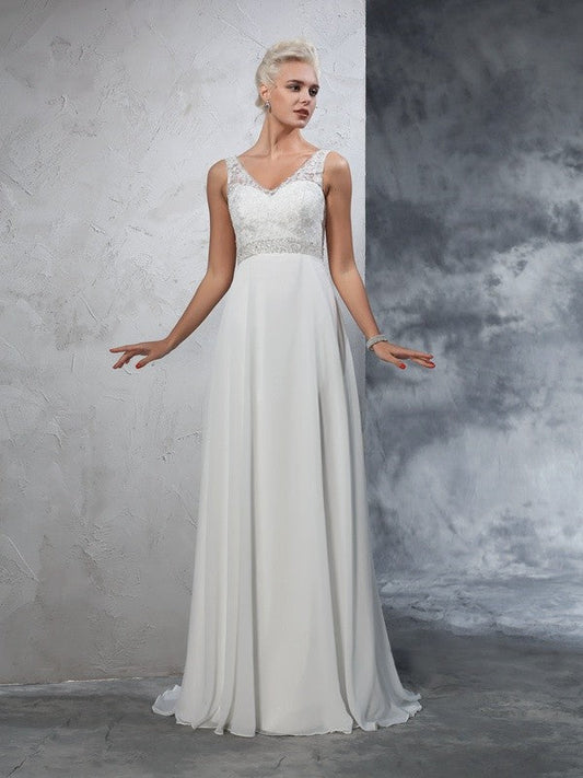 A-Line/Princess V-neck Beading Sleeveless Long Chiffon Wedding Dresses CICIP0006610