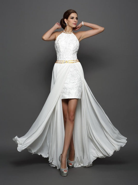 A-Line/Princess High Neck Lace Sleeveless Long Chiffon Wedding Dresses CICIP0006617