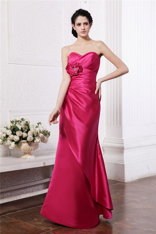 Sheath/Column Sweetheart Sleeveless Pleats Hand-Made Flower Long Elastic Woven Satin Bridesmaid Dresses CICIP0005752