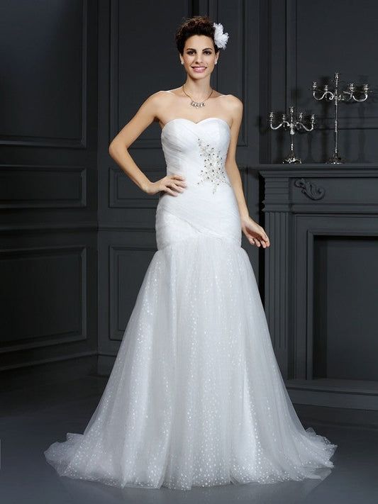 Sheath/Column Sweetheart Beading Sleeveless Long Net Wedding Dresses CICIP0006807