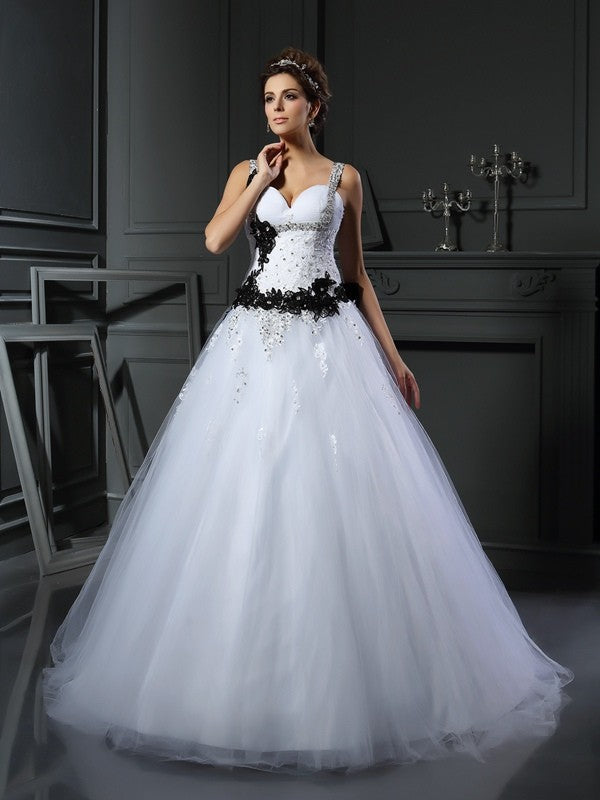 Ball Gown Straps Beading Sleeveless Long Tulle Wedding Dresses CICIP0006436