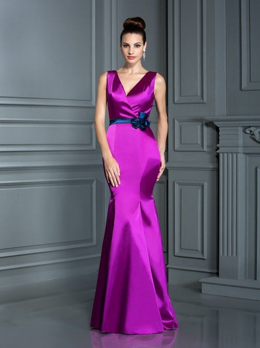 Trumpet/Mermaid V-neck Hand-Made Flower Sleeveless Long Elastic Woven Satin Bridesmaid Dresses CICIP0005046