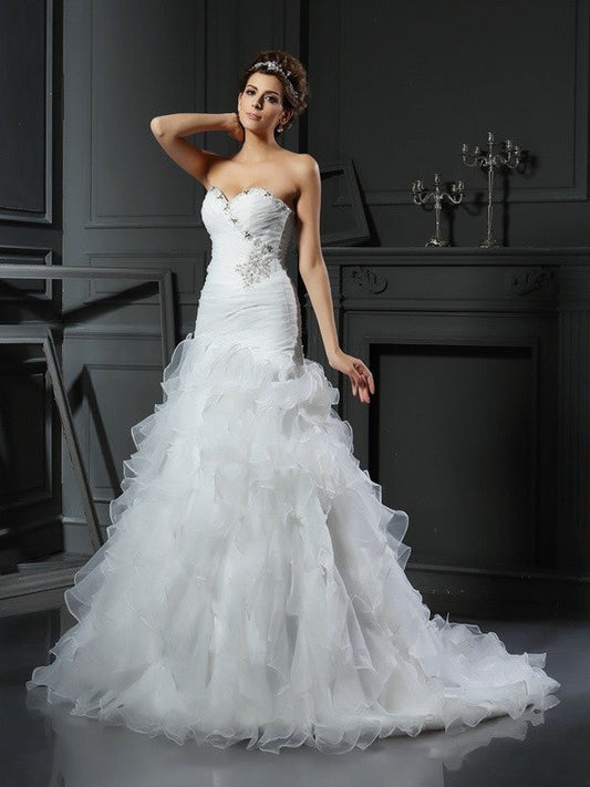 Trumpet/Mermaid Sweetheart Ruffles Sleeveless Long Organza Wedding Dresses CICIP0006476