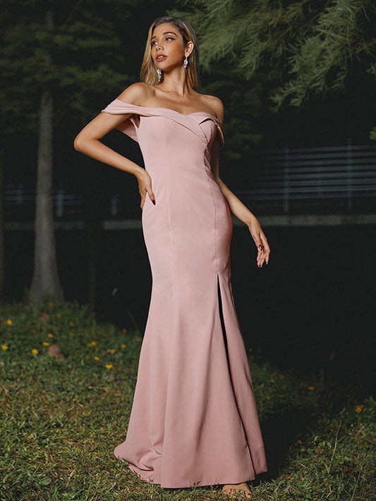 Sheath/Column Stretch Crepe Ruffles Off-the-Shoulder Sleeveless Sweep/Brush Train Bridesmaid Dresses CICIP0004955