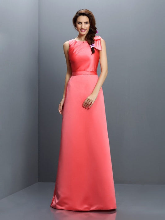 Sheath/Column Bateau Sleeveless Long Satin Bridesmaid Dresses CICIP0005788