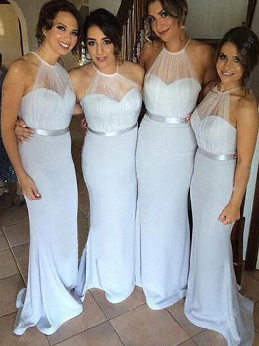 Sheath/Column Sleeveless Sash/Ribbon/Belt Floor-Length Halter Stretch Crepe Bridesmaid Dresses CICIP0005201