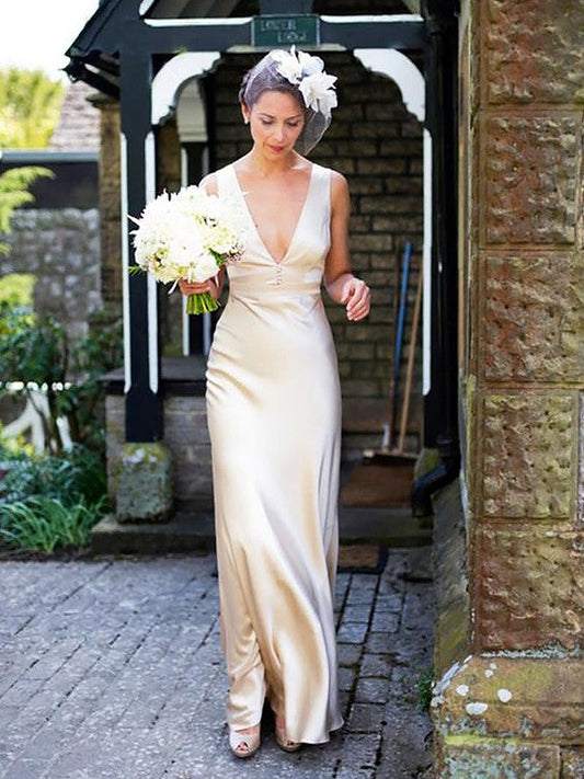 Sheath/Column Satin Sleeveless V-neck Floor-Length Wedding Dresses CICIP0006583