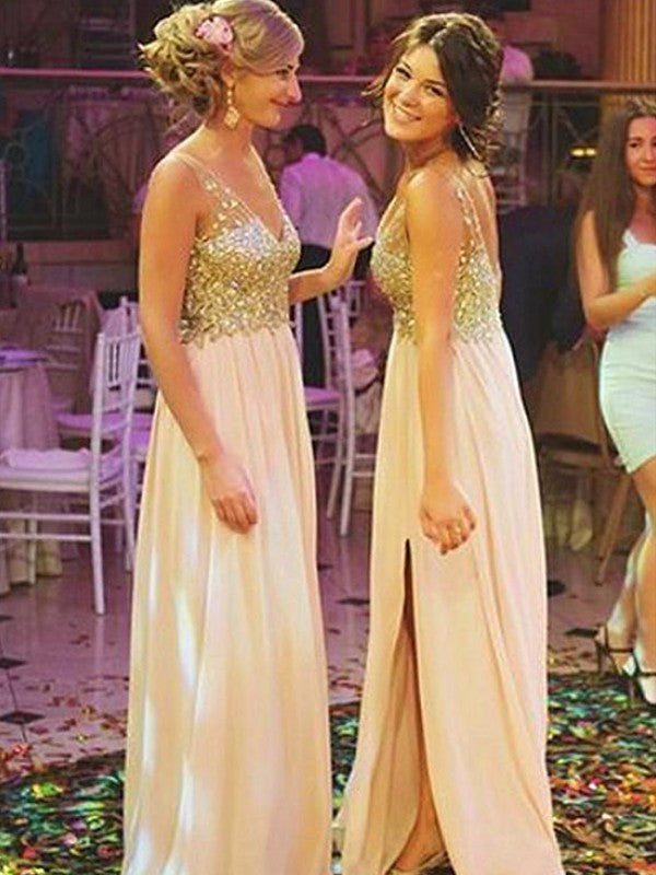 A-Line/Princess V-neck Sleeveless Floor-Length Sequin Chiffon Bridesmaid Dresses CICIP0005348