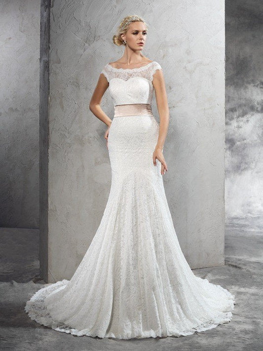 Sheath/Column Sheer Neck Sash/Ribbon/Belt Sleeveless Long Lace Wedding Dresses CICIP0006482