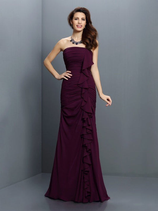 Trumpet/Mermaid Strapless Pleats Sleeveless Long Chiffon Bridesmaid Dresses CICIP0005428