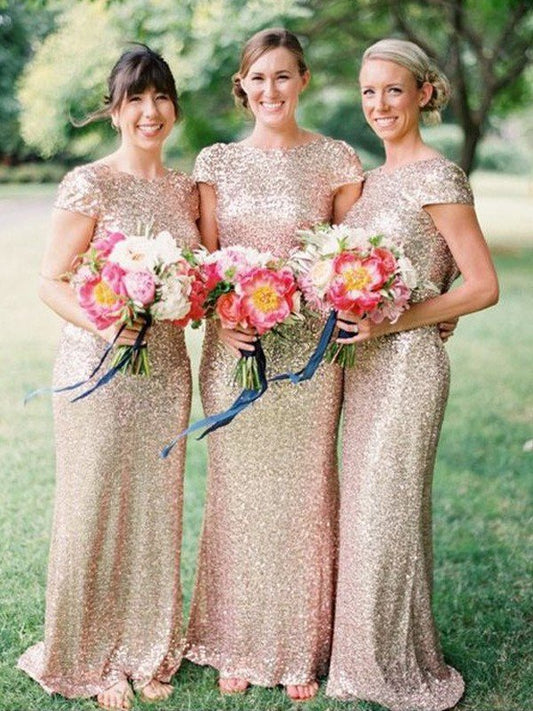 Sheath/Column Bateau Floor-Length Short Sleeves Sequins Bridesmaid Dresses CICIP0005168