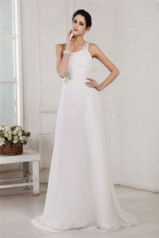 A-Line/Princess One-Shoulder Sleeveless Beading Applique Long Chiffon Wedding Dresses CICIP0006967