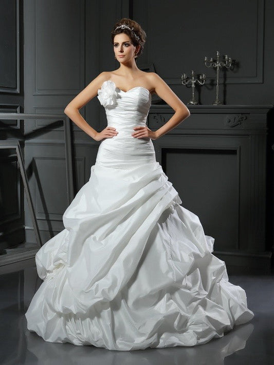 Ball Gown Sweetheart Hand-Made Flower Sleeveless Long Satin Wedding Dresses CICIP0006890