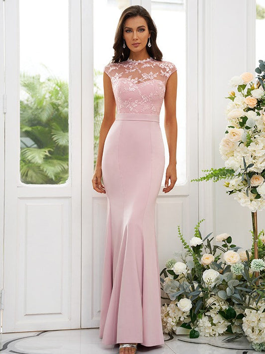 Trumpet/Mermaid Charmeuse Applique High Neck Sleeveless Floor-Length Bridesmaid Dresses CICIP0004924