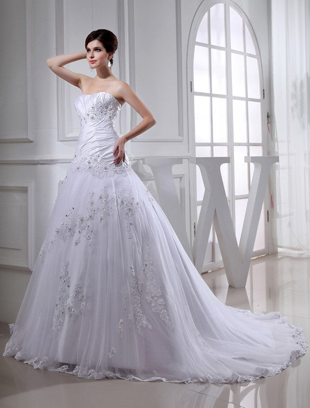 A-Line/Princess Beading Long Sleeveless Strapless Tulle Taffeta Wedding Dresses CICIP0006716