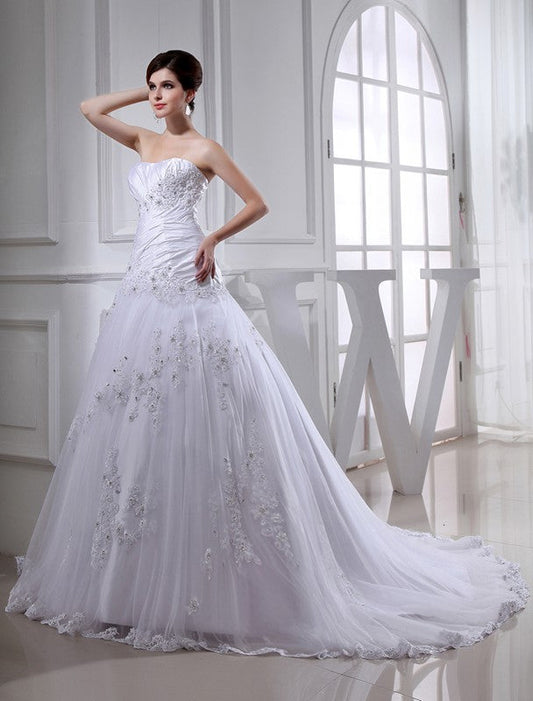 A-Line/Princess Beading Long Sleeveless Strapless Tulle Taffeta Wedding Dresses CICIP0006716