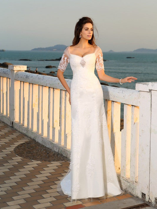 Sheath/Column Sweetheart Applique Short Sleeves Long Satin Beach Wedding Dresses CICIP0006235