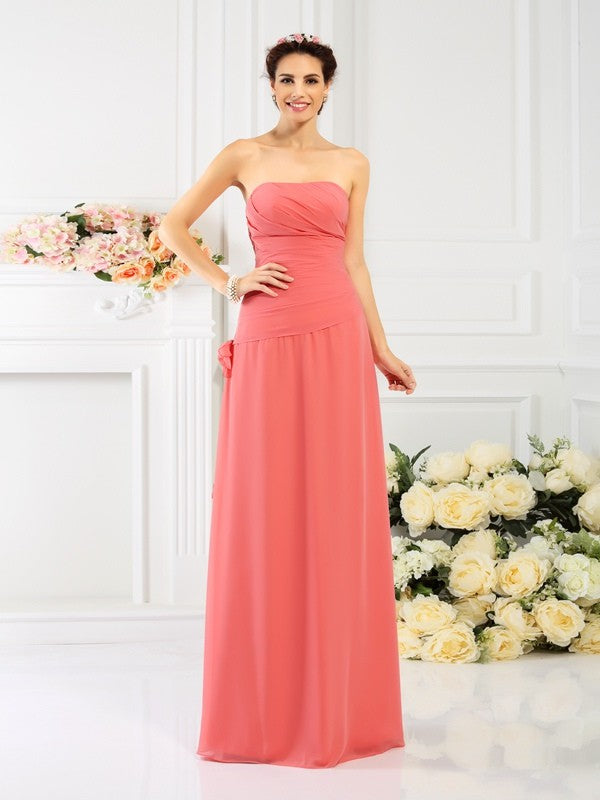 Sheath/Column Strapless Hand-Made Flower Sleeveless Long Chiffon Bridesmaid Dresses CICIP0005753