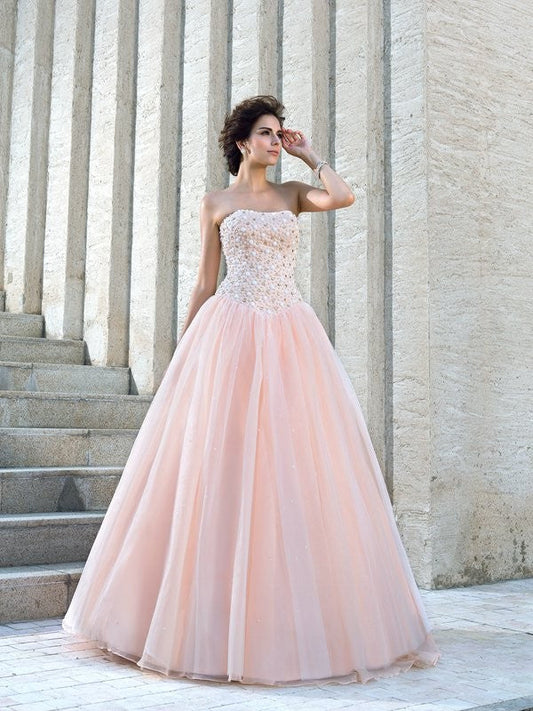 Ball Gown Strapless Beading Sleeveless Long Satin Wedding Dresses CICIP0006554