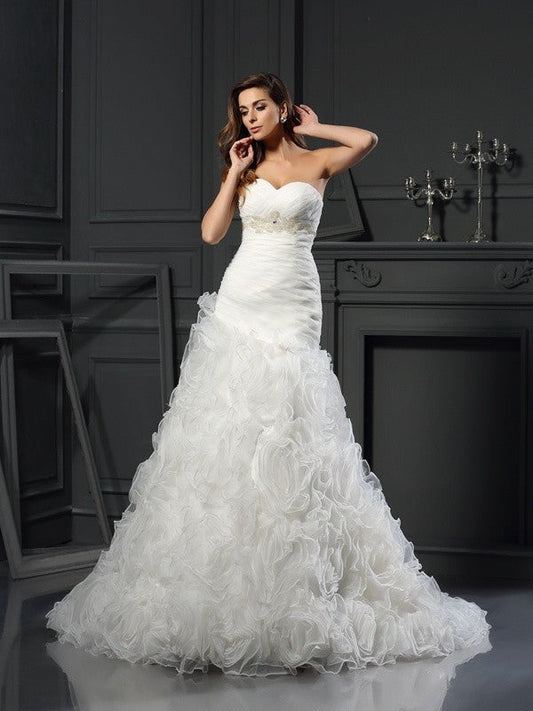 A-Line/Princess Sweetheart Beading Sleeveless Long Organza Wedding Dresses CICIP0006836