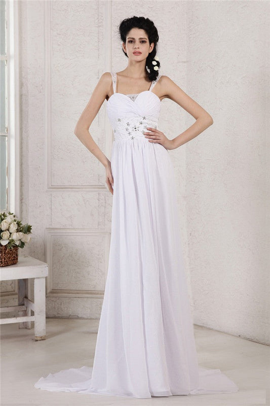 Sheath/Column Spaghetti Strap Pleats Ruched Beading Applique Long Chiffon Wedding Dresses CICIP0006917