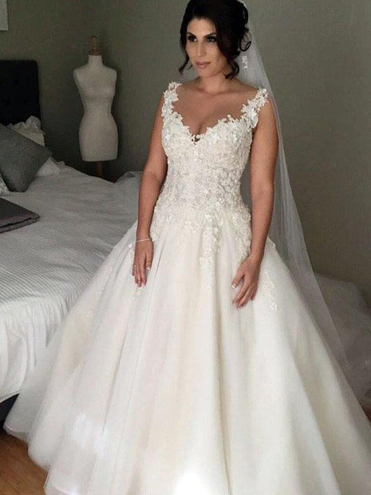 Ball Gown Sleeveless V-neck Court Train Applique Lace Tulle Wedding Dresses CICIP0006319