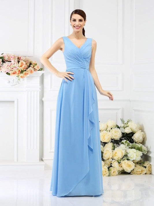 Sheath/Column V-neck Beading Sleeveless Long Chiffon Bridesmaid Dresses CICIP0005417