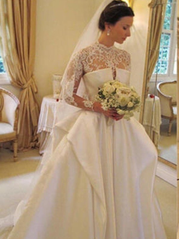 Ball Gown Satin Lace High Neck Long Sleeves Chapel Train Wedding Dresses CICIP0006858