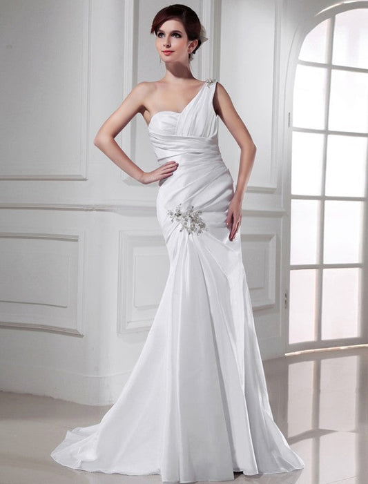 Trumpet/Mermaid One-shoulder Beading Satin Sleeveless Long Wedding Dresses CICIP0006946