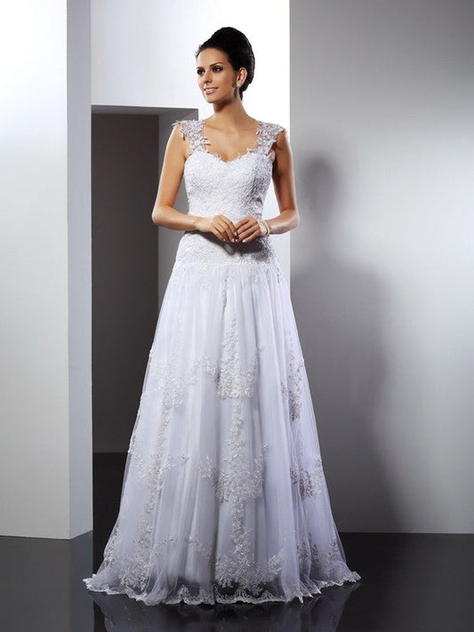 A-Line/Princess Straps Applique Sleeveless Long Lace Wedding Dresses CICIP0006277