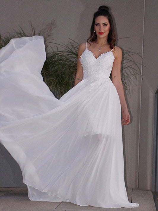 A-Line/Princess Applique Chiffon V-neck Sleeveless Sweep/Brush Train Wedding Dresses CICIP0006445