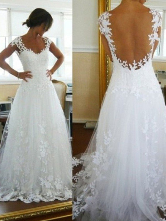 A-Line/Princess V-neck Sweep/Brush Train Lace Sleeveless Tulle Wedding Dresses CICIP0006075