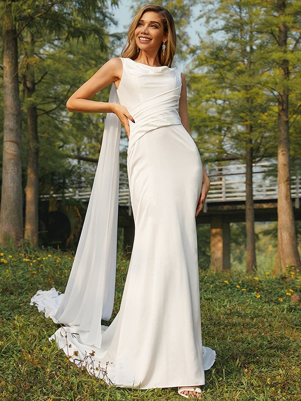 Sheath/Column Satin Ruched Scoop Sleeveless Sweep/Brush Train Wedding Dresses CICIP0006592