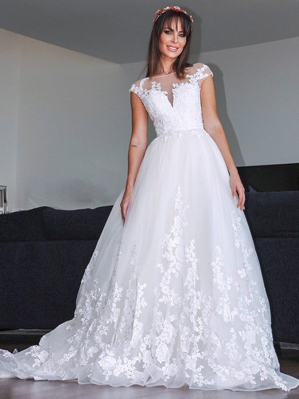 A-Line/Princess Tulle Applique V-neck Sleeveless Court Train Wedding Dresses CICIP0006412