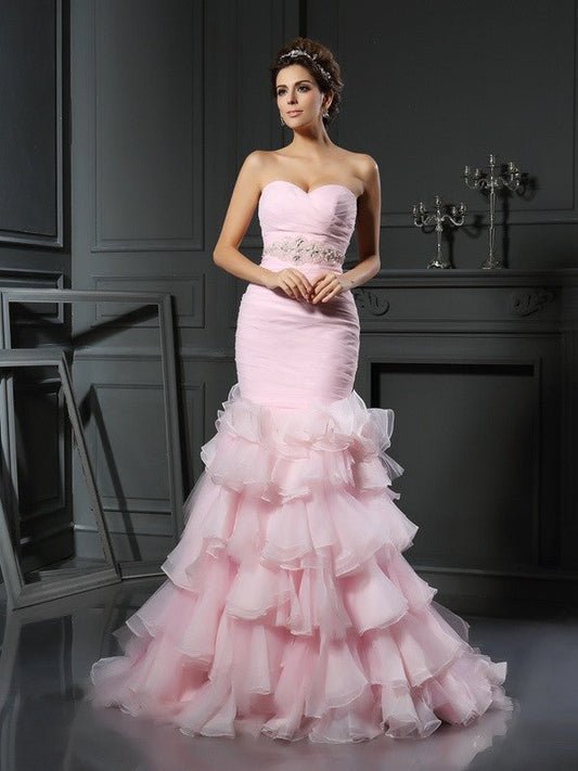 Trumpet/Mermaid Sweetheart Beading Sleeveless Long Organza Wedding Dresses CICIP0006632