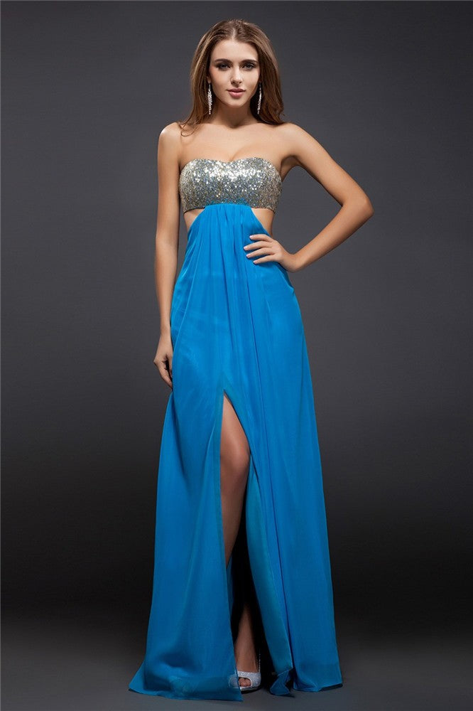 Sheath/Column Strapless Sequin Lace Sleeveless Long Chiffon Dresses CICIP0004259