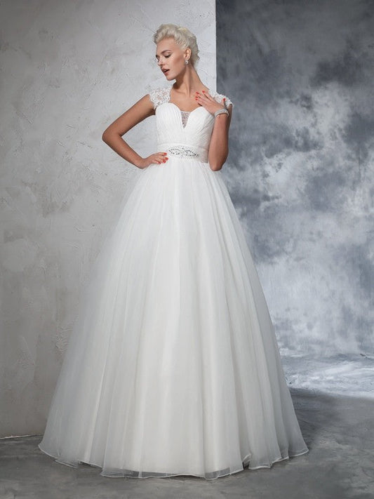 Ball Gown Sweetheart Ruched Sleeveless Long Tulle Wedding Dresses CICIP0006724