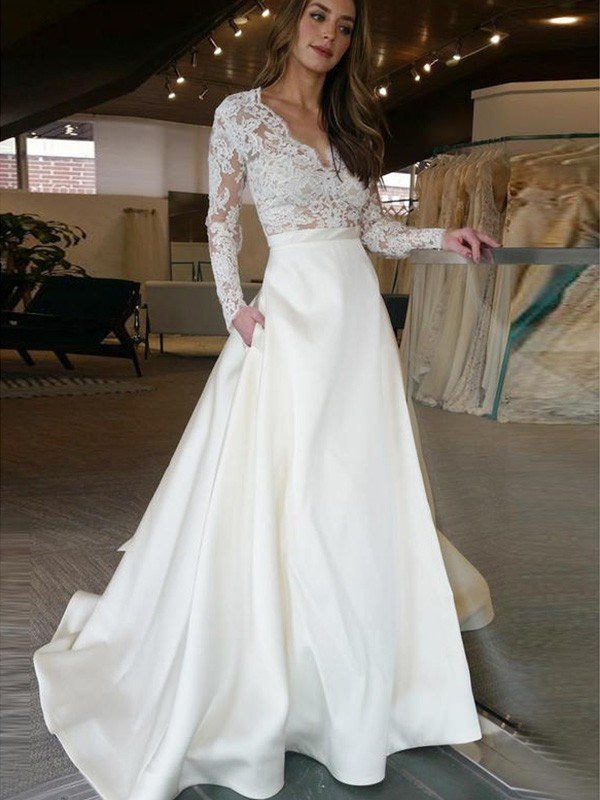 A-Line/Princess Long Sleeves Sweep/Brush Train V-neck Applique Satin Wedding Dresses CICIP0005999