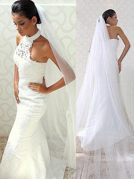 Trumpet/Mermaid Halter Sweep/Brush Train Satin Sleeveless Wedding Dresses CICIP0006603