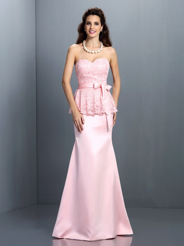 Trumpet/Mermaid Sweetheart Lace Sleeveless Long Satin Bridesmaid Dresses CICIP0005592