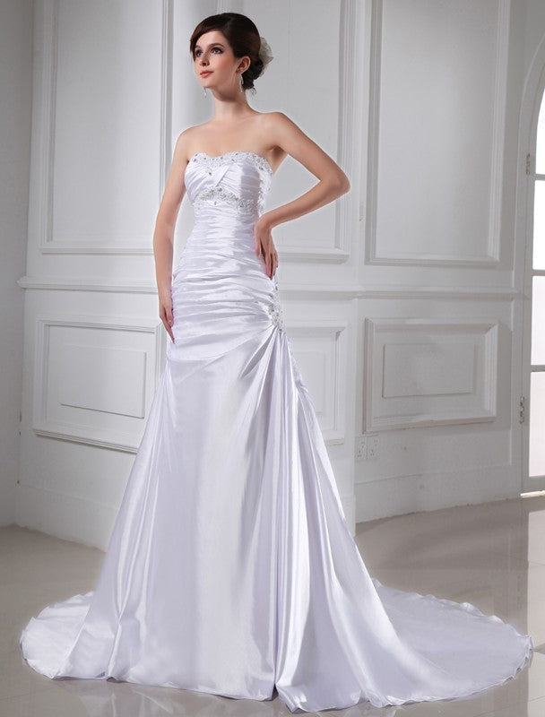 A-Line/Princess Beading Applique Sleeveless Elastic Woven Satin Wedding Dresses CICIP0006904