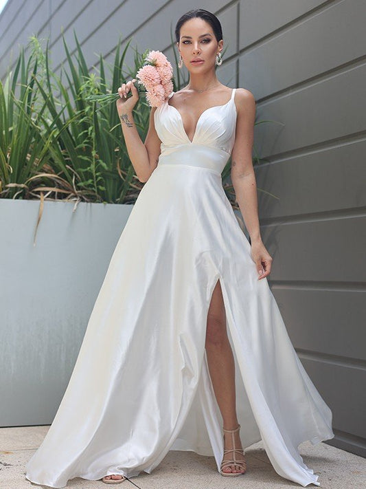 A-Line/Princess Satin Ruched V-neck Sleeveless Sweep/Brush Train Wedding Dresses CICIP0007022