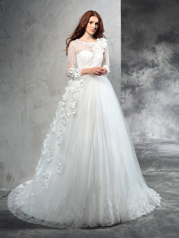 Ball Gown Sheer Neck Hand-Made Flower Long Sleeves Long Net Wedding Dresses CICIP0006751